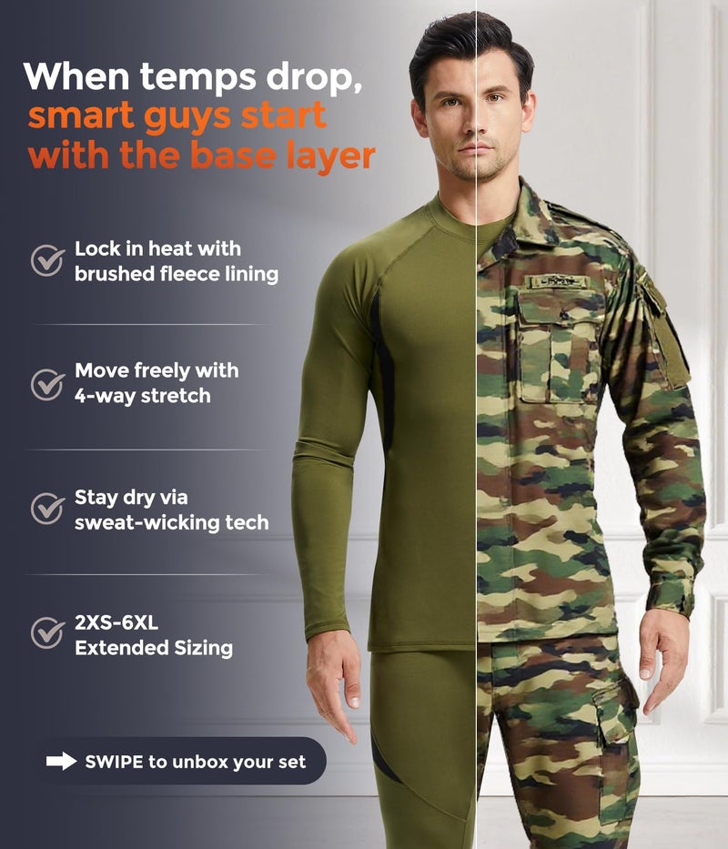 CL convallaria Thermal Underwear for Men, Winter Hunting Gear Sport Long Johns Base Layer Top and Bottom Set Midweight Army Green L - Image 4